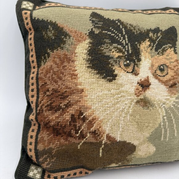 Vintage Imperial Elegance Wool Needlepoint Cats Throw Pillow Green Calico KItten - Picture 3 of 9